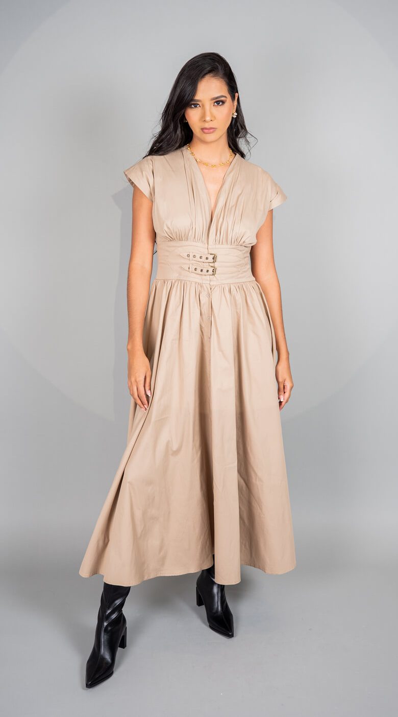 Vestido sin mangas con cinturilla - beige